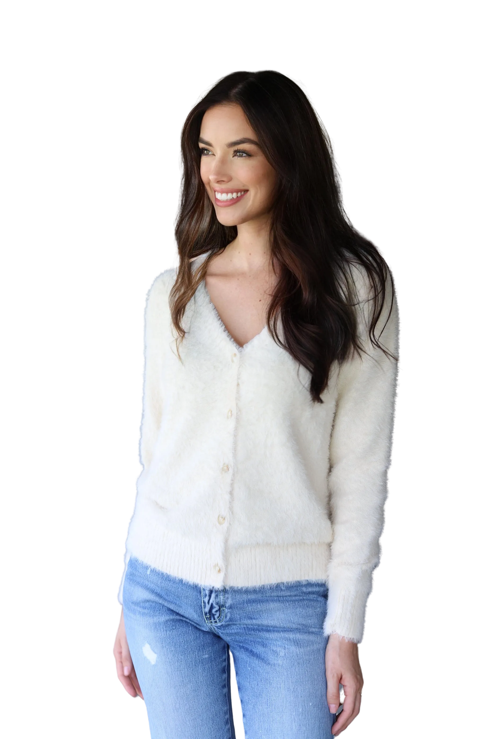 1625 FUZZY BUTTON SWEATER IVORY