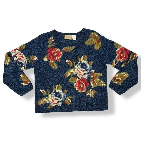 90's LIZ CLAIBORNE woven rose knit crew neck cotton ramie sweater