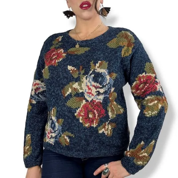 90's LIZ CLAIBORNE woven rose knit crew neck cotton ramie sweater