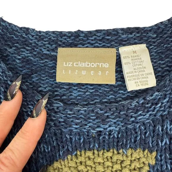 90's LIZ CLAIBORNE woven rose knit crew neck cotton ramie sweater