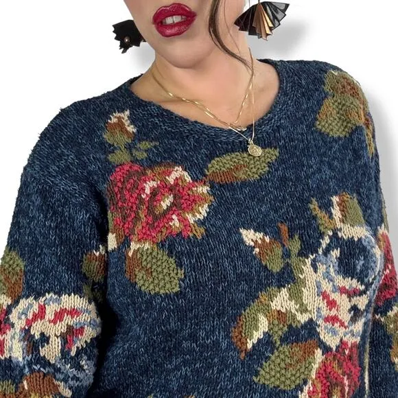 90's LIZ CLAIBORNE woven rose knit crew neck cotton ramie sweater