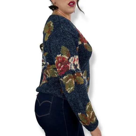 90's LIZ CLAIBORNE woven rose knit crew neck cotton ramie sweater
