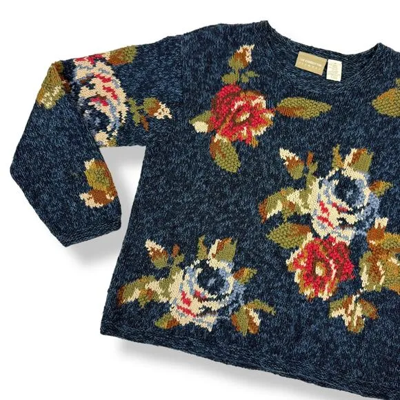 90's LIZ CLAIBORNE woven rose knit crew neck cotton ramie sweater