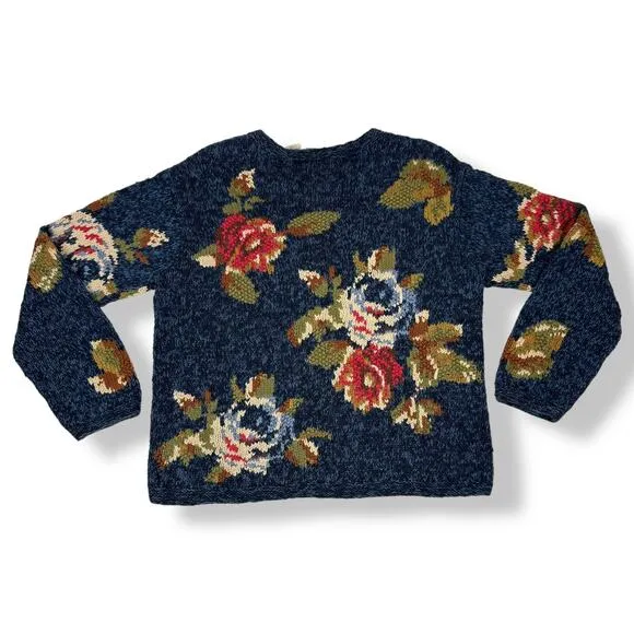 90's LIZ CLAIBORNE woven rose knit crew neck cotton ramie sweater