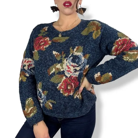 90's LIZ CLAIBORNE woven rose knit crew neck cotton ramie sweater