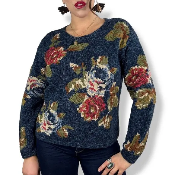 90's LIZ CLAIBORNE woven rose knit crew neck cotton ramie sweater