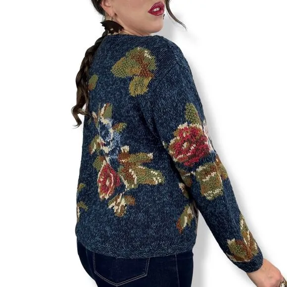 90's LIZ CLAIBORNE woven rose knit crew neck cotton ramie sweater
