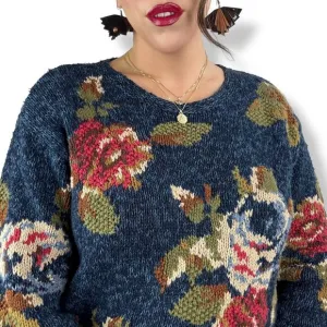 90's LIZ CLAIBORNE woven rose knit crew neck cotton ramie sweater
