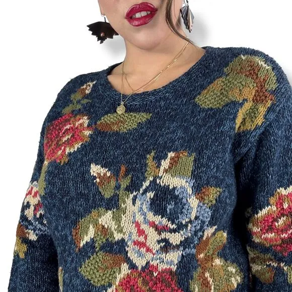 90's LIZ CLAIBORNE woven rose knit crew neck cotton ramie sweater
