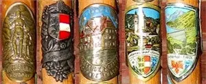 Antique Walking Stick 23 Badges Medallions Stocknagels 32 1/2 Inches Long