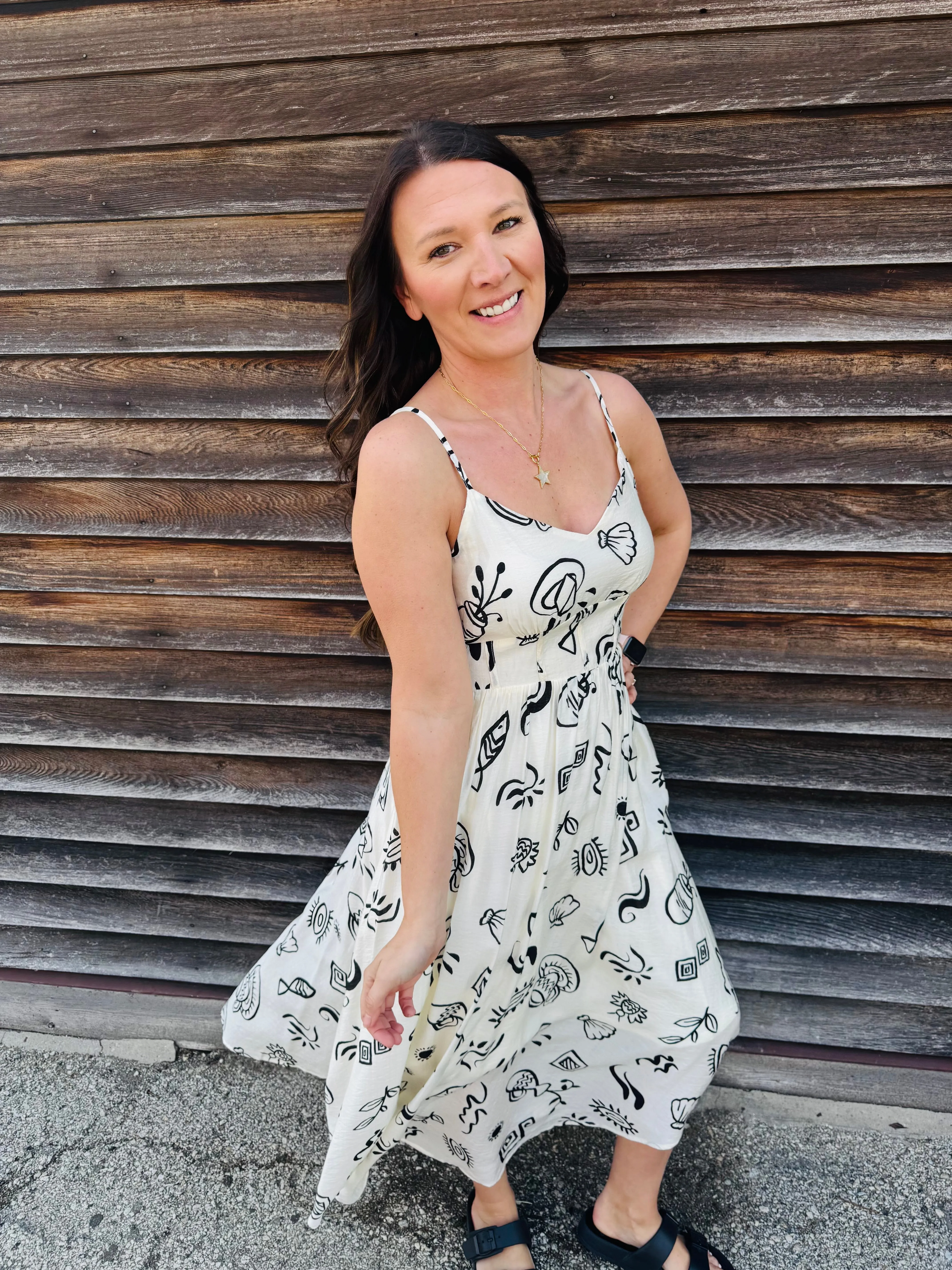 Artsy Doodle Print Shirred Waist Midi Dress