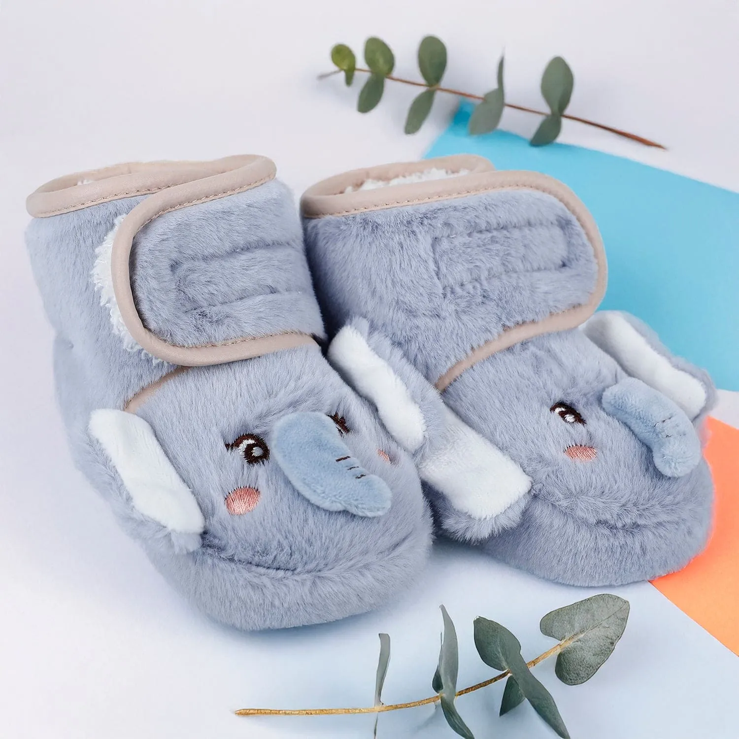 Baby Moo 3D Elephant Cozy Soft Velcro Furry Booties - Blue