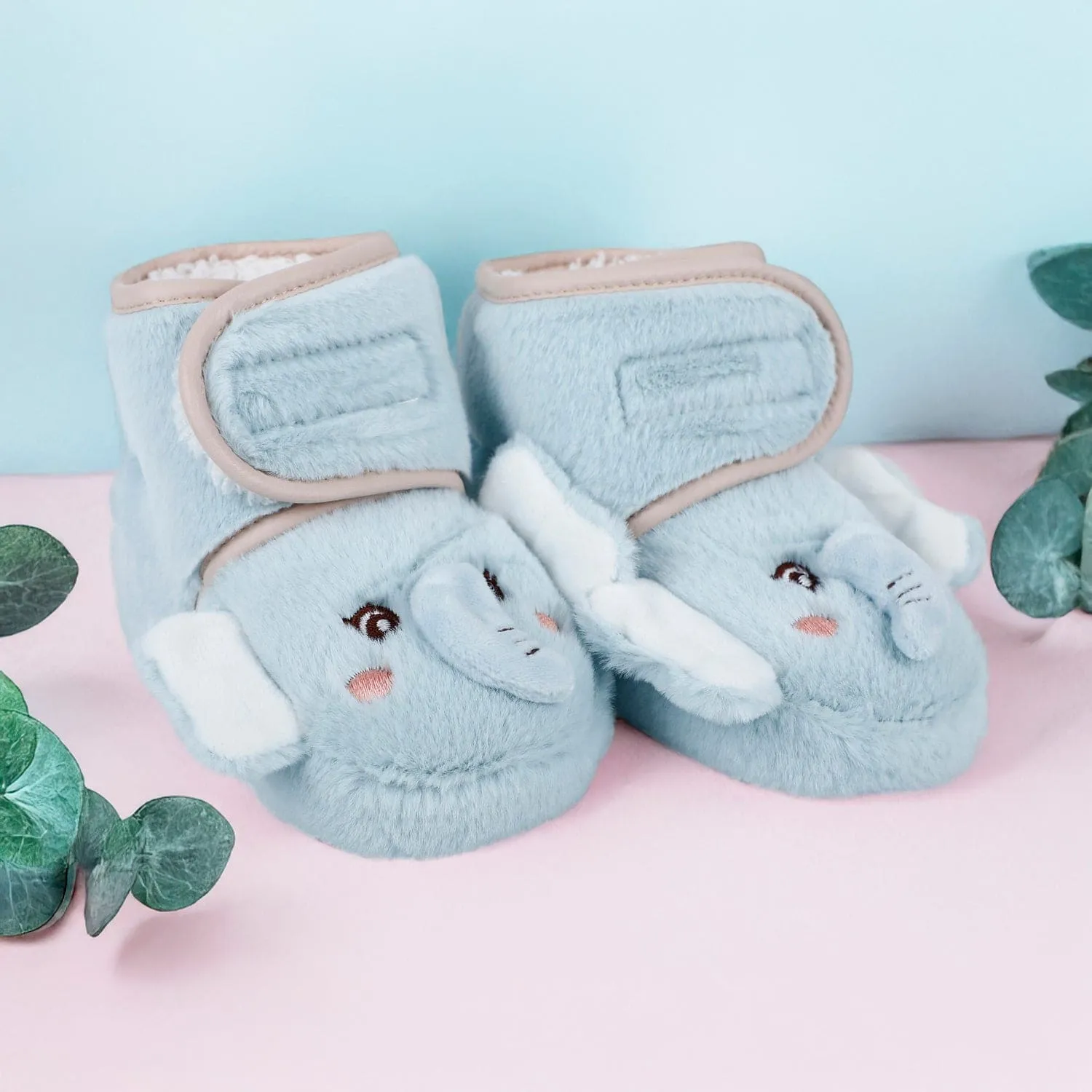 Baby Moo 3D Elephant Cozy Soft Velcro Furry Booties - Sky Blue
