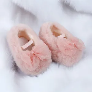 Baby Moo Bow Applique Warm Furry Booties - Pink