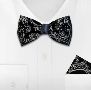 BLACK WOVEN BOW TIE & HANKIE SET