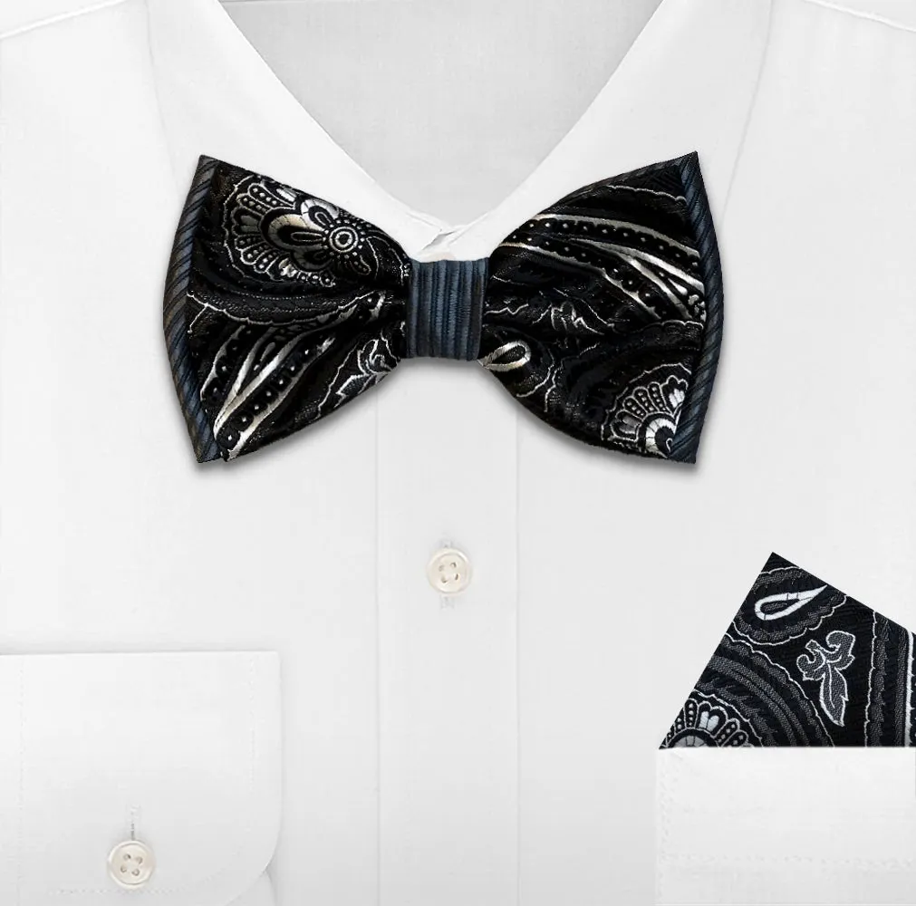 BLACK WOVEN BOW TIE & HANKIE SET