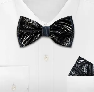 BLACK WOVEN BOW TIE & HANKIE SET