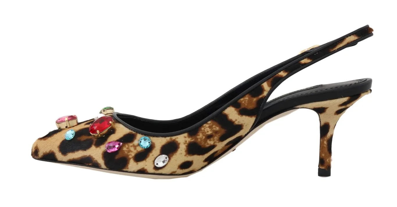 Brown Leopard Fur Crystal Slingback Shoes