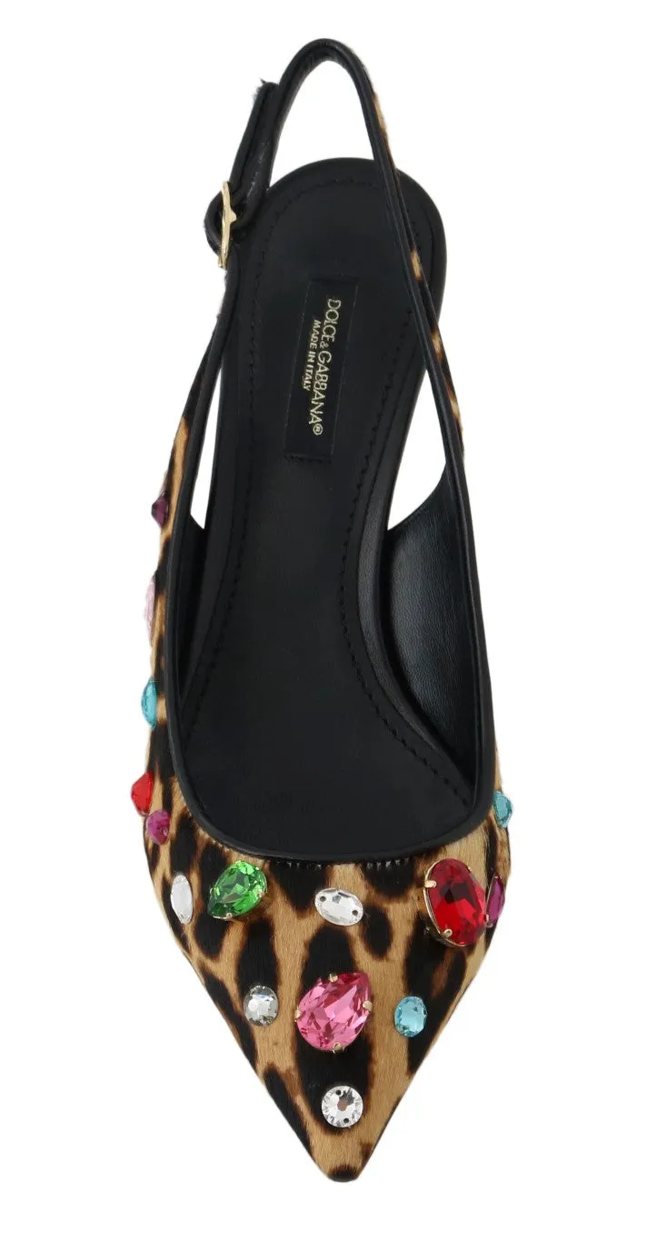 Brown Leopard Fur Crystal Slingback Shoes