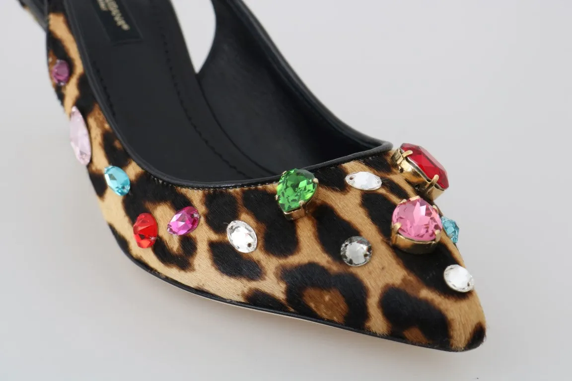 Brown Leopard Fur Crystal Slingback Shoes