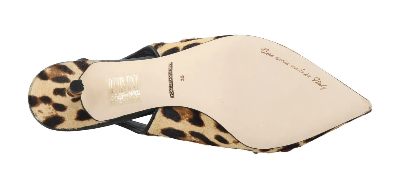 Brown Leopard Fur Crystal Slingback Shoes
