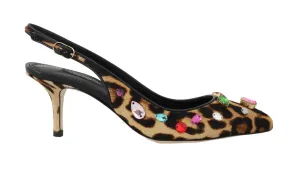 Brown Leopard Fur Crystal Slingback Shoes