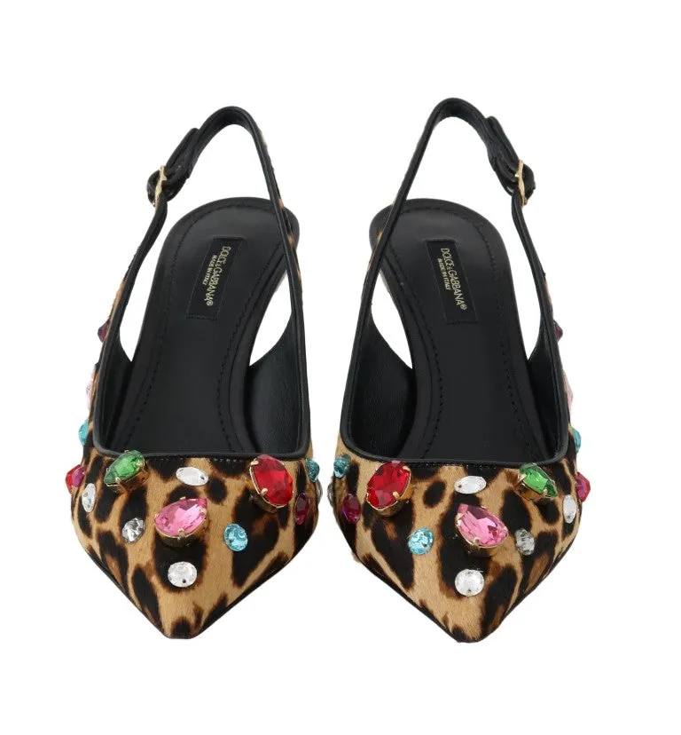 Brown Leopard Fur Crystal Slingback Shoes