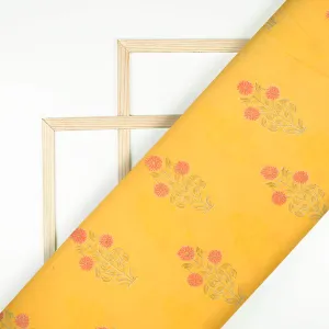 Butter Yellow And Orange Floral Pattern Handblock Pure Banarasi Chanderi Fabric