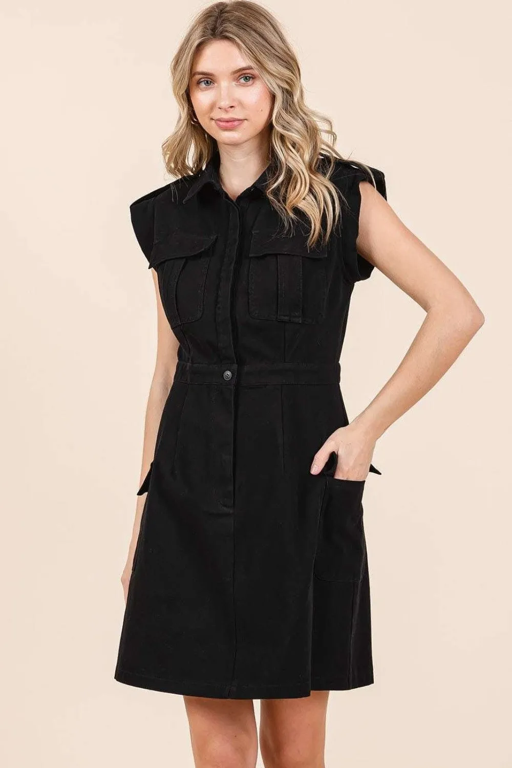 Cargo Pocket Half Button Mini Dress For Women – Casual Mini Dress, Buttoned Dress, Pocketed Dress, Versatile Dress, Trendy Mini Dress