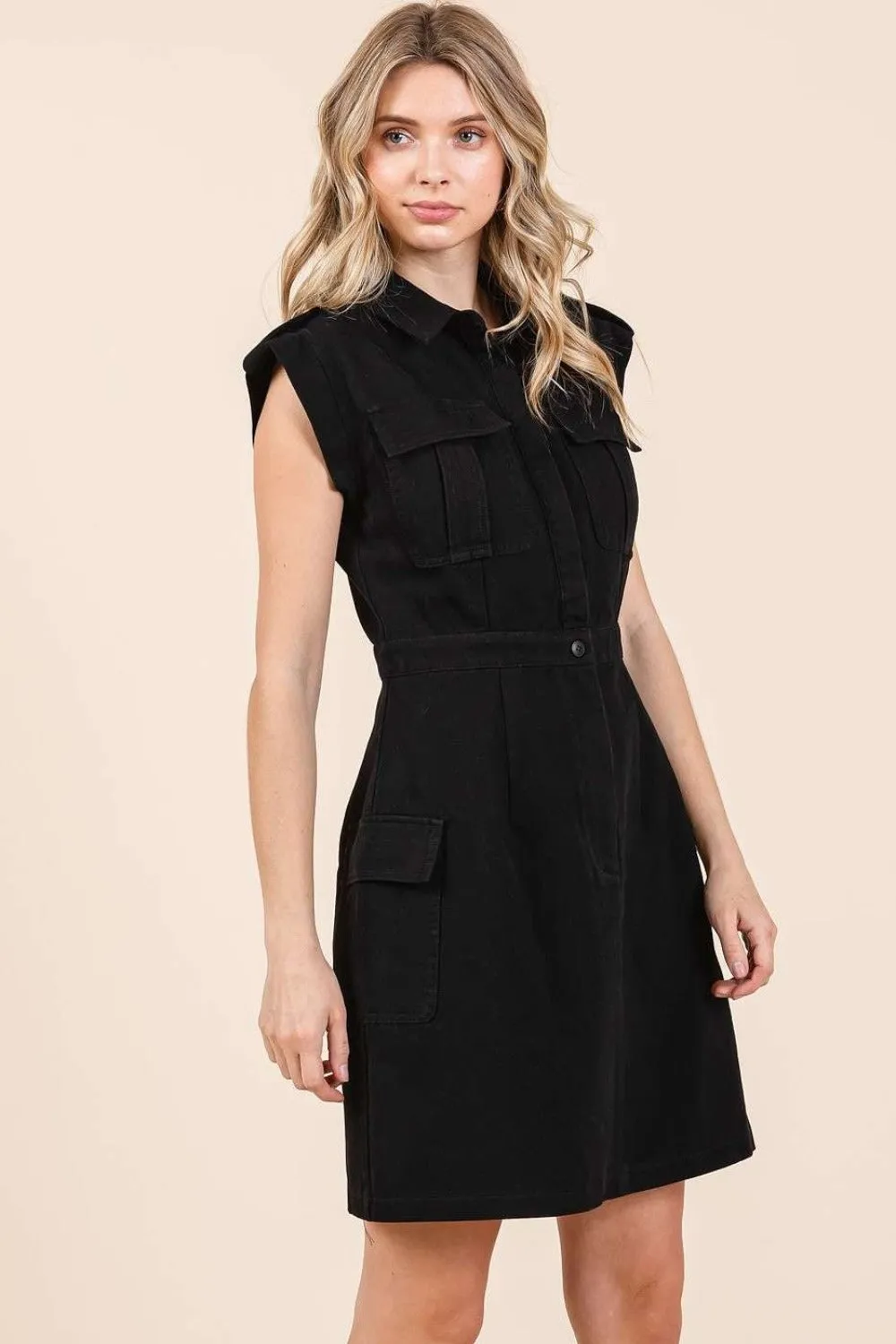 Cargo Pocket Half Button Mini Dress For Women – Casual Mini Dress, Buttoned Dress, Pocketed Dress, Versatile Dress, Trendy Mini Dress