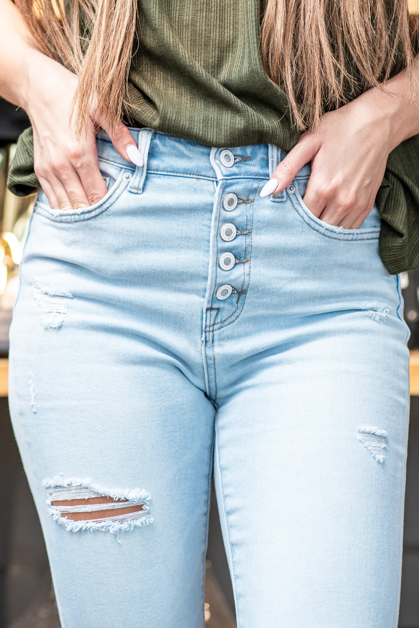 Cassandra Distressed Button Fly Ankle Skinny
