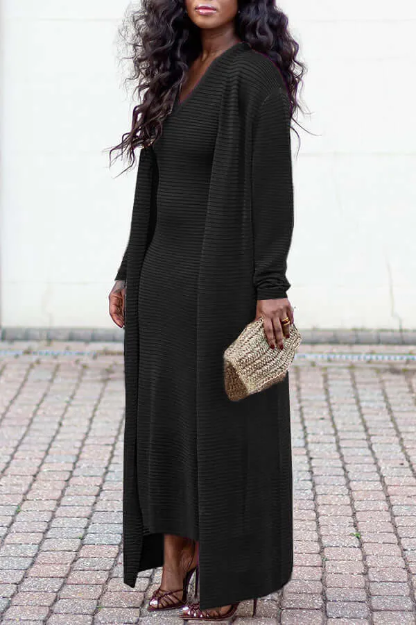Casual Textured Dress & Cardigan Set