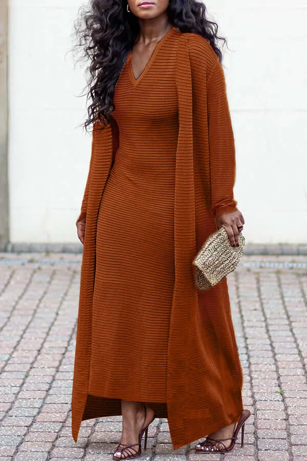 Casual Textured Dress & Cardigan Set