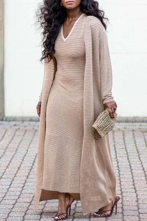 Casual Textured Dress & Cardigan Set