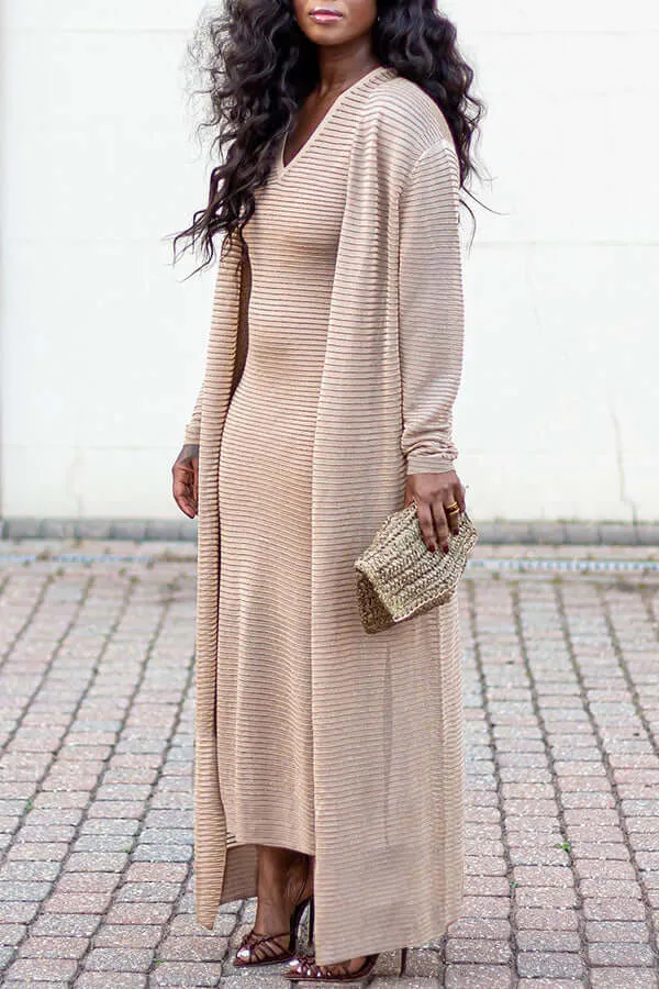 Casual Textured Dress & Cardigan Set