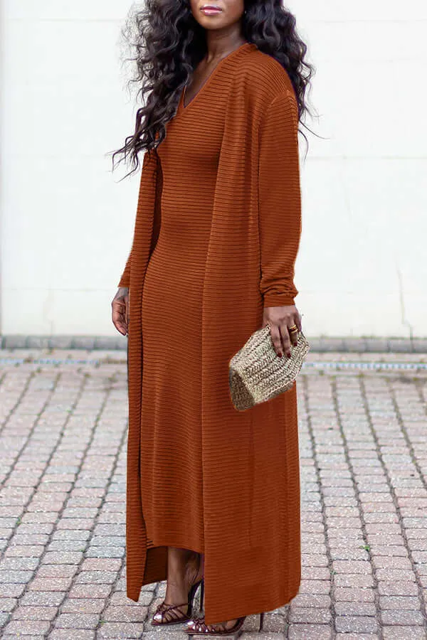 Casual Textured Dress & Cardigan Set