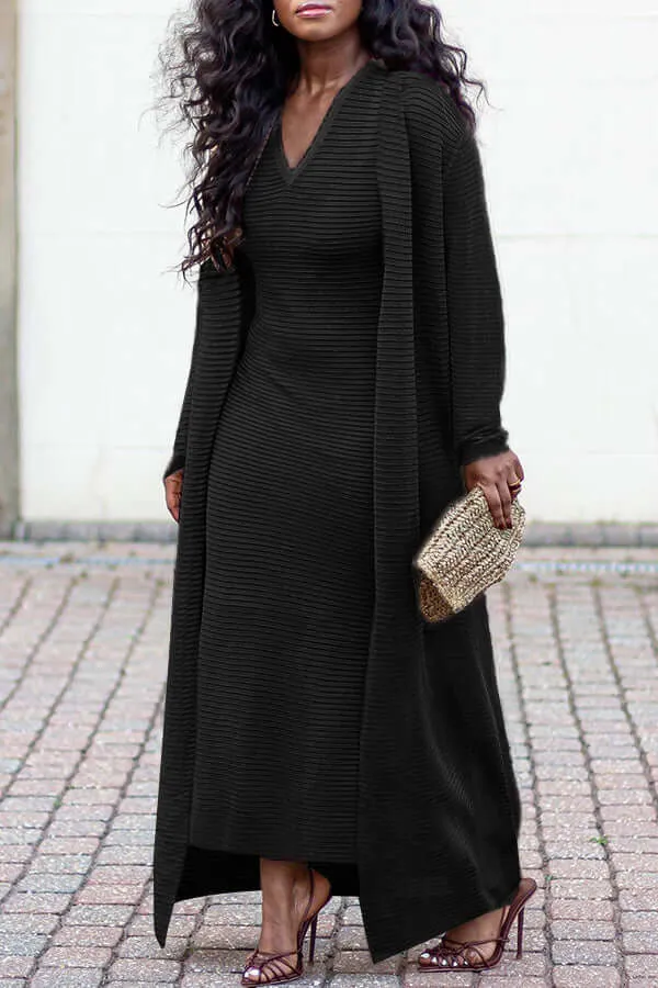 Casual Textured Dress & Cardigan Set