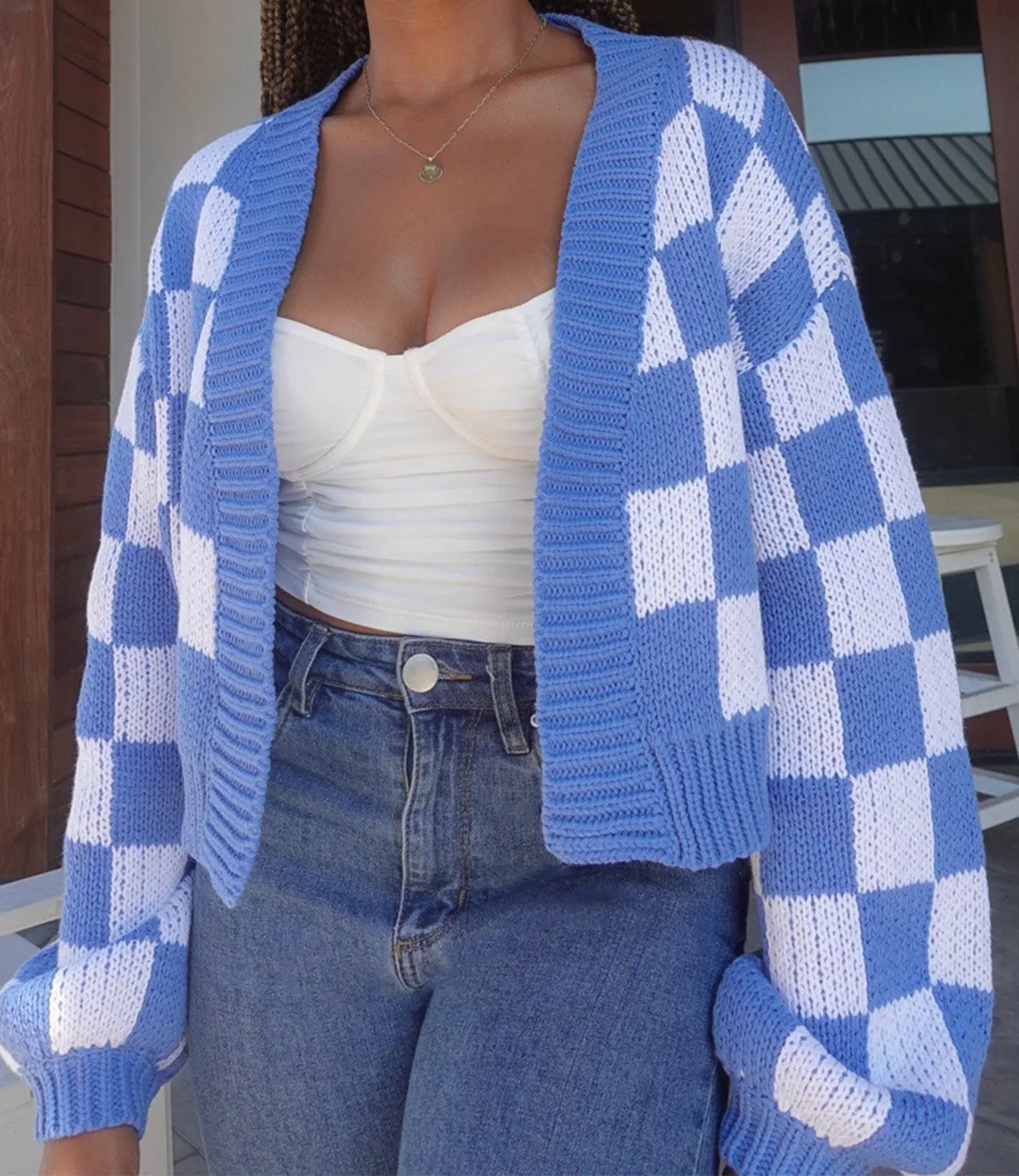 Check Mate Knitted Cardigan(Blue/White)