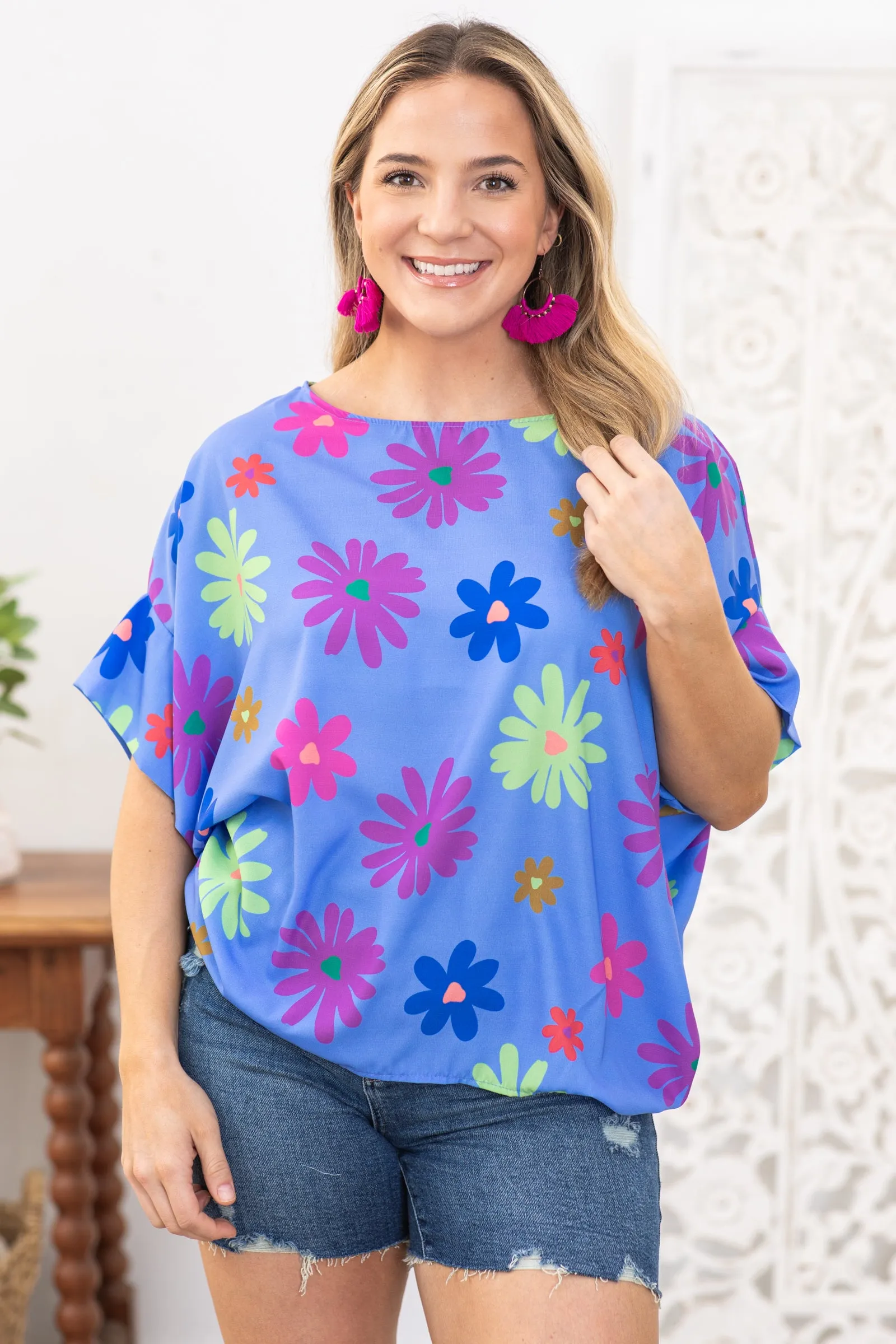 Cornflower Round Neck Floral Woven Top