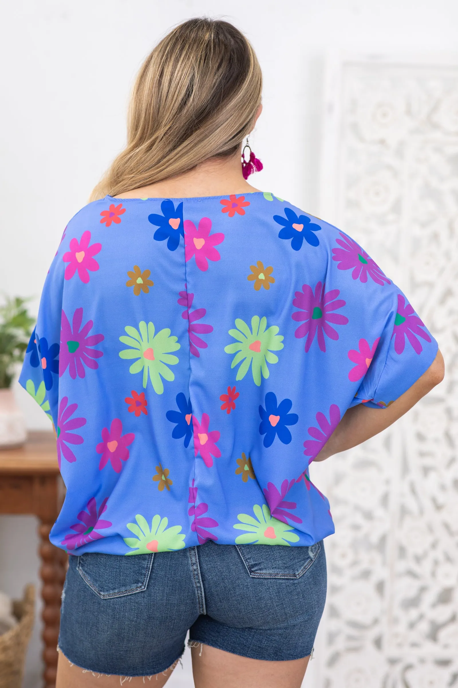 Cornflower Round Neck Floral Woven Top