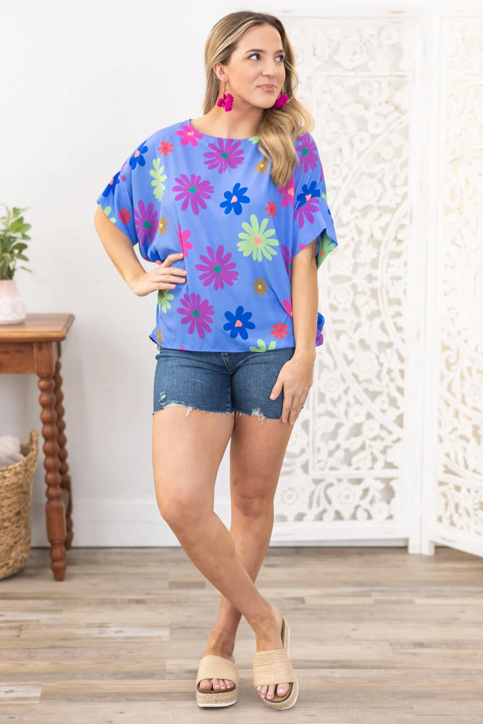 Cornflower Round Neck Floral Woven Top