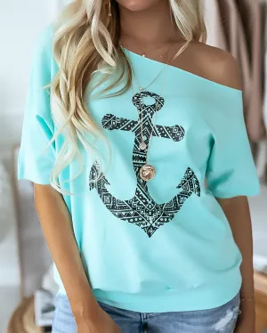 Day To Cozy Printed Pullover Tee - Turquoise