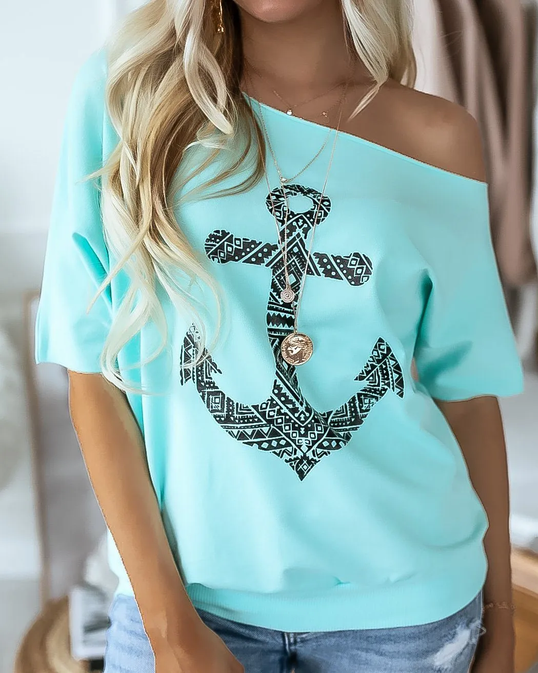 Day To Cozy Printed Pullover Tee - Turquoise