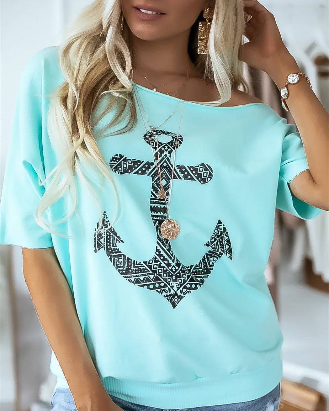 Day To Cozy Printed Pullover Tee - Turquoise
