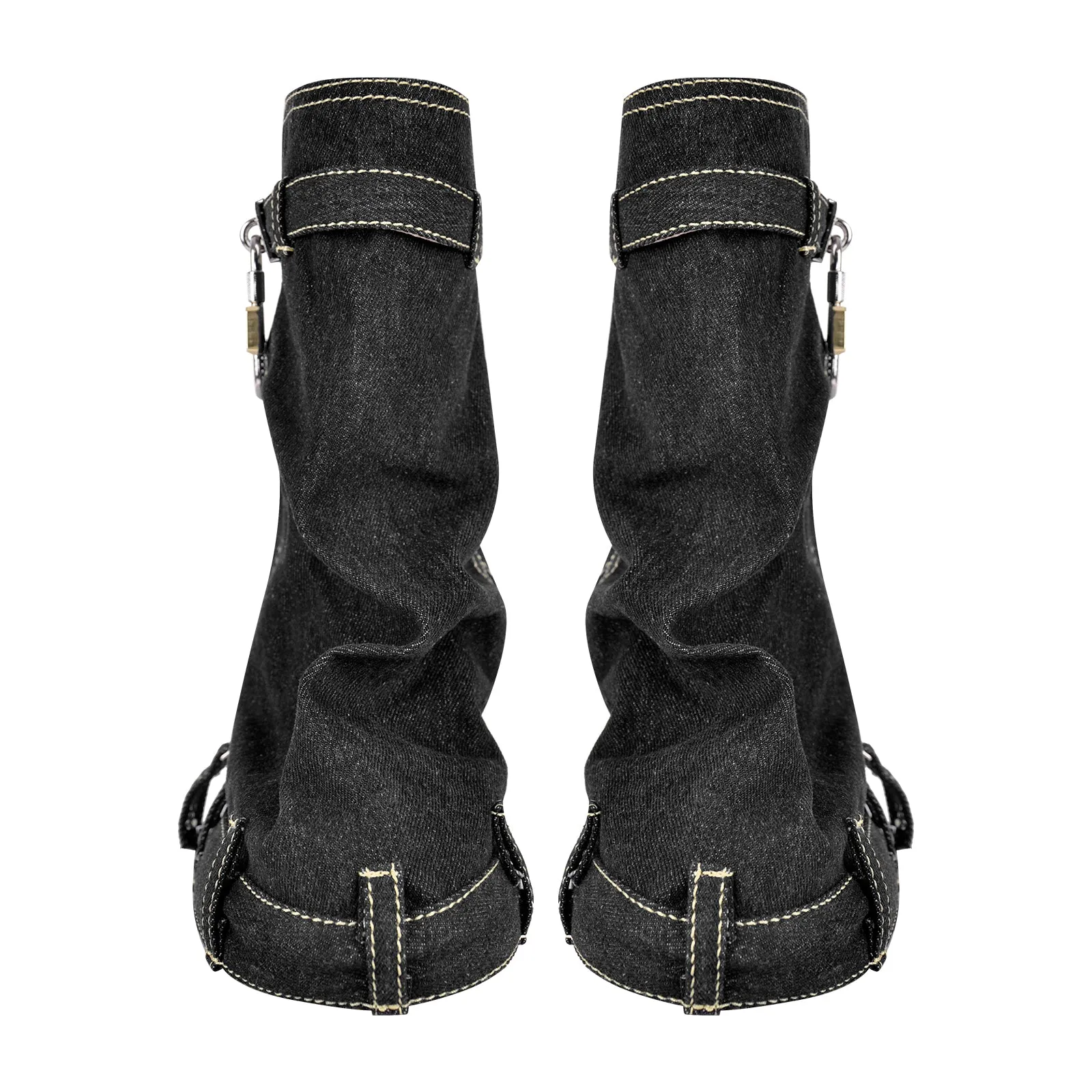 Denim Round Toe Wedge Heel Mid-Calf Fold Over Boots