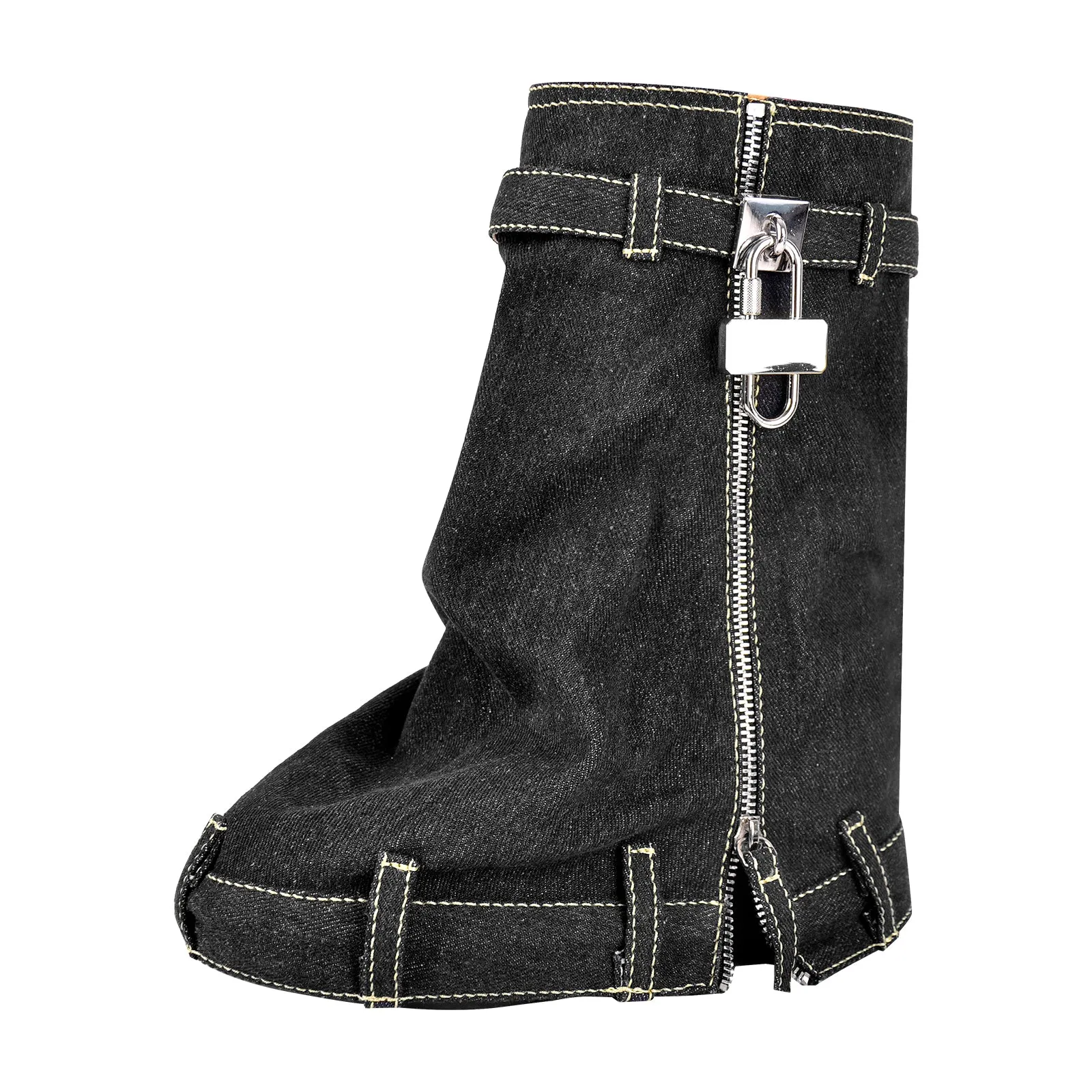 Denim Round Toe Wedge Heel Mid-Calf Fold Over Boots