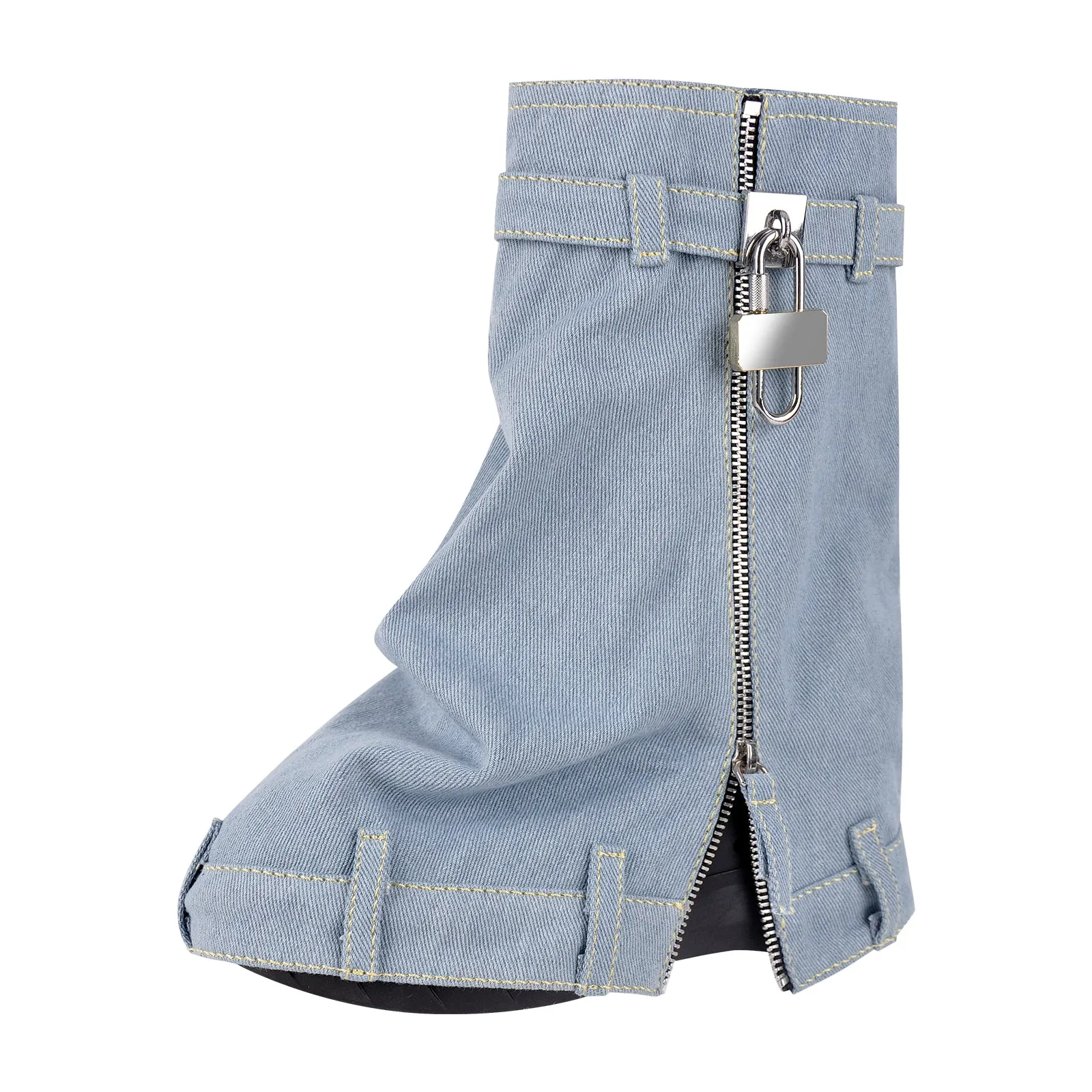 Denim Round Toe Wedge Heel Mid-Calf Fold Over Boots