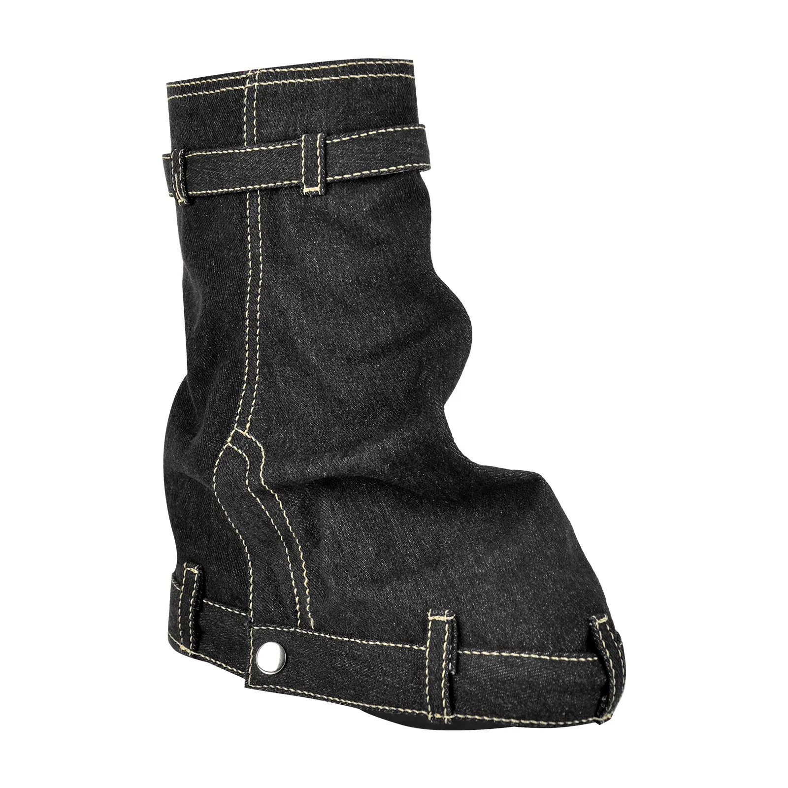Denim Round Toe Wedge Heel Mid-Calf Fold Over Boots
