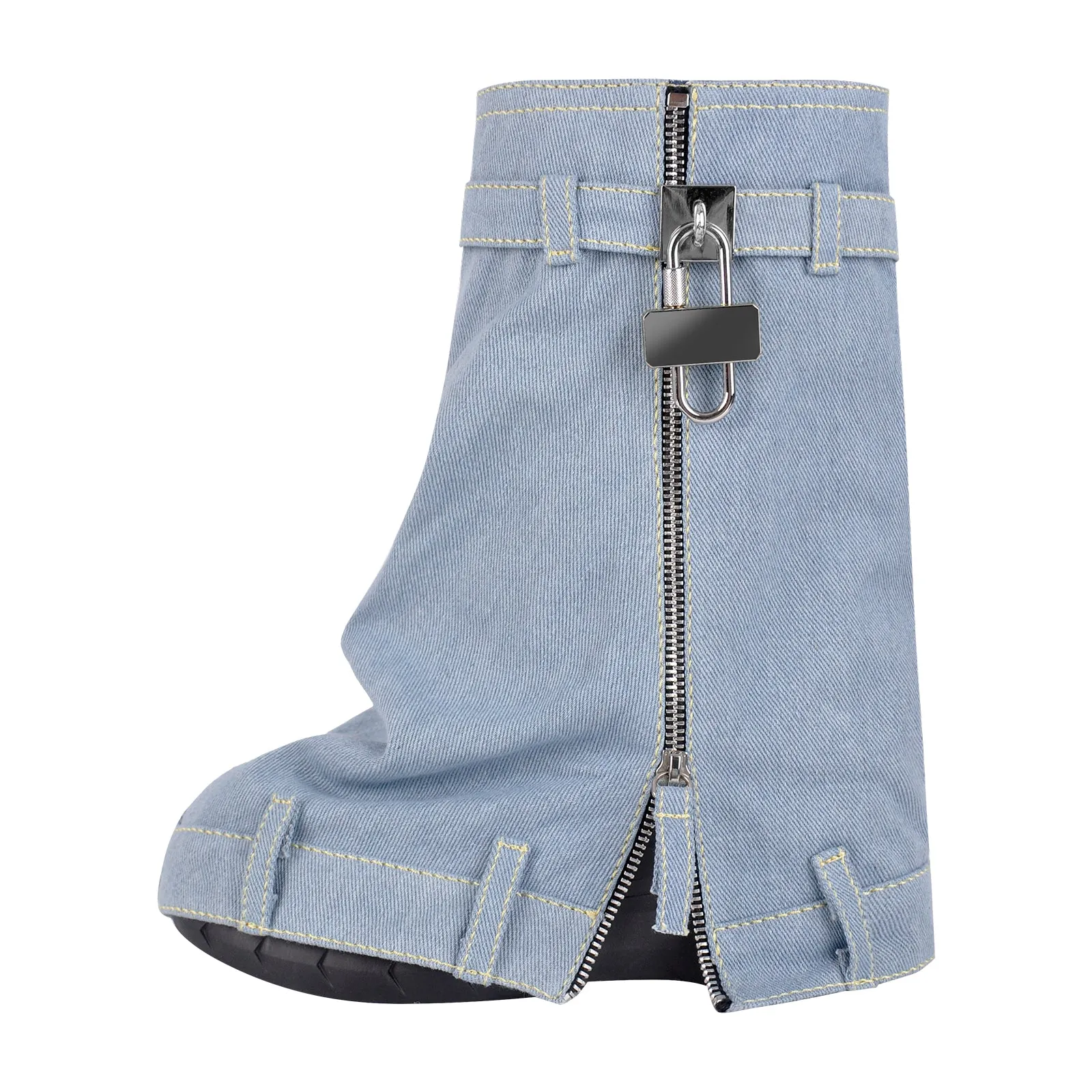 Denim Round Toe Wedge Heel Mid-Calf Fold Over Boots