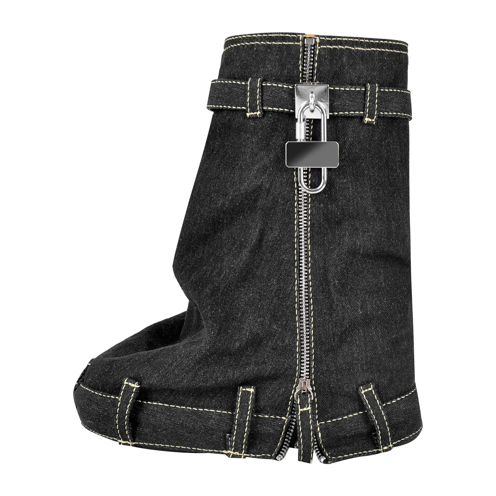Denim Round Toe Wedge Heel Mid-Calf Fold Over Boots